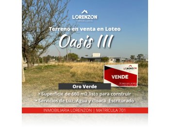 Terreno en venta en Loteo Oasis III 📍 Oro Verde