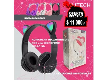 Auricular Bt orejitas colores led RGB microSD Bluetooth FM