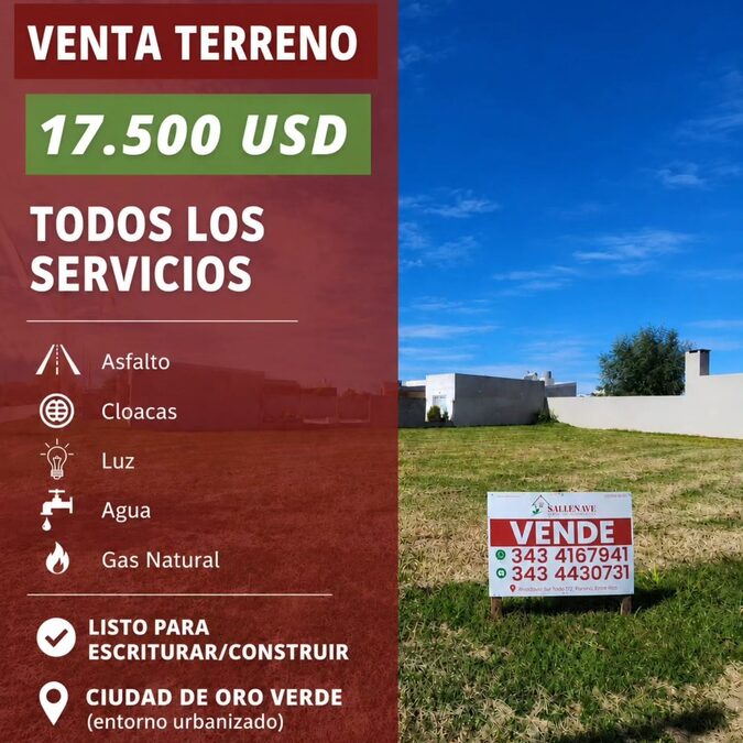 VENDO TERRENO TODOS LOS SERVICIOS-A ESCRITURAR-ORO VERDE