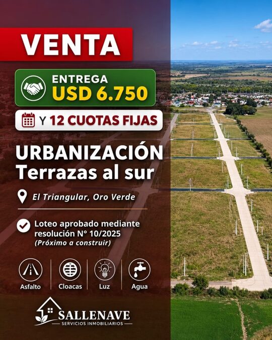 LOTES EN VENTA LISTOS A ESCRITURAR Y CONSTRUIR-ORO VERDE-ENTREGA DE 6.750 USD Y 12 CUOTAS FIJAS