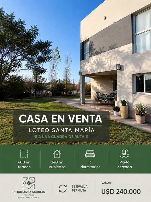 🏡 Casa 3 dorm | Suite | Pileta | Galería – Loteo Santa María