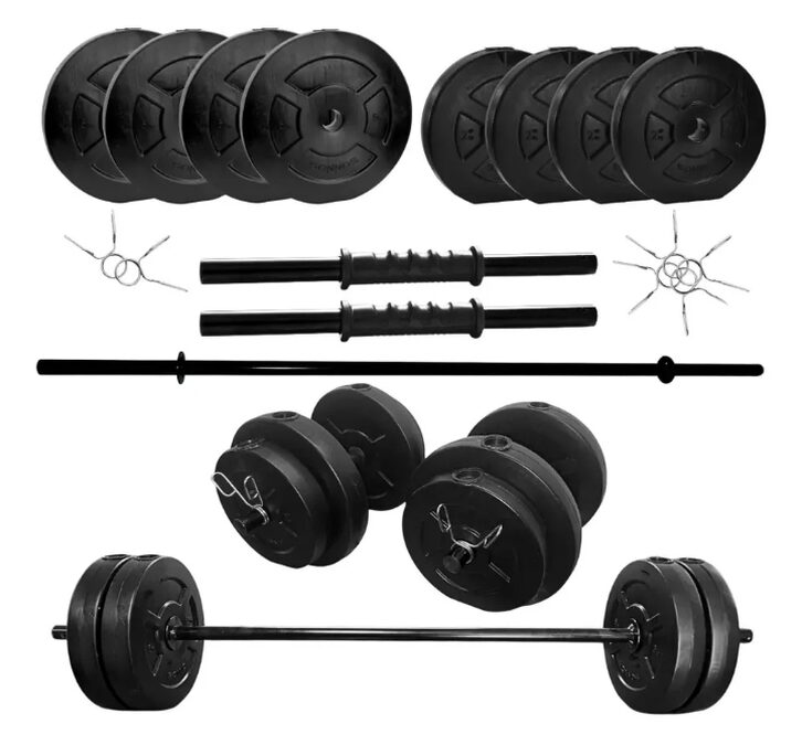 Kit de Pesas 40 kg Completo + Barra + Mancuernas + Rueda Abdominal – Excelente Estado