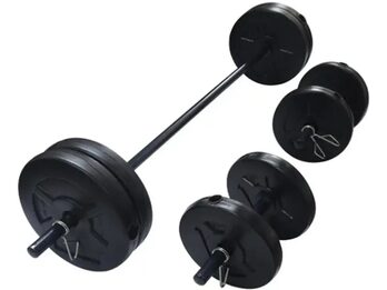 Kit de Pesas 40 kg Completo + Barra + Mancuernas + Rueda Abdominal – Excelente Estado