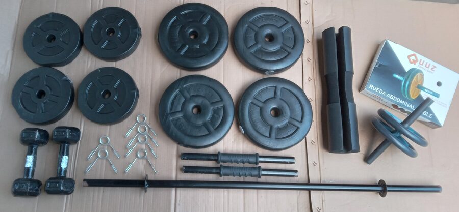 Kit de Pesas 40 kg Completo + Barra + Mancuernas + Rueda Abdominal – Excelente Estado
