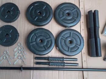 Kit de Pesas 40 kg Completo + Barra + Mancuernas + Rueda Abdominal – Excelente Estado