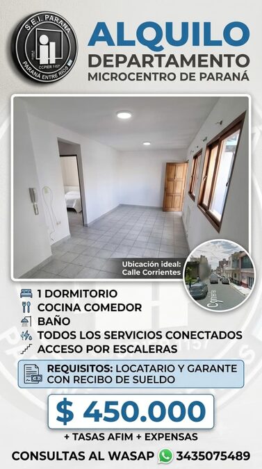 Alquilo Departamento en Microcentro de Paraná. 1 dormitorio. Todos los servicios.