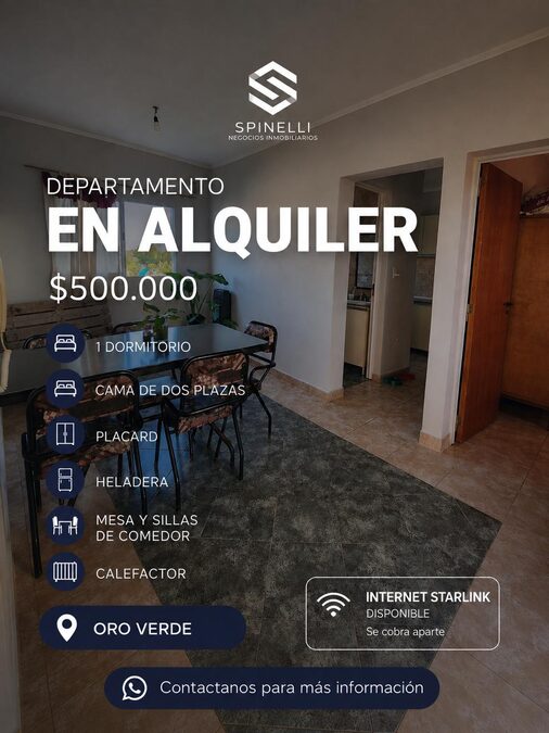 Se Alquila Departamento 1 Dormitorio amoblado en ORO VERDE