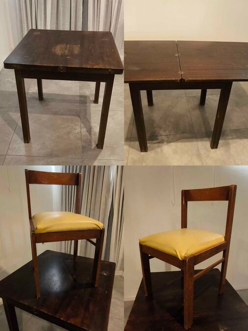 Mesa plegable 80x80, 80x160 abierta. Más 4 sillas