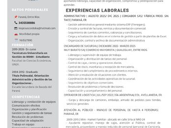 Busco trabajo Administrativo, Adm. Comercial, Jefe sucursal