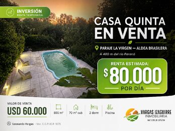 CASA QUINTA en Venta a 400 Metros del RÍO PARANÁ: Oportunidad de INVERSIÓN para RENTA y ALQUILER TEMPORARIO