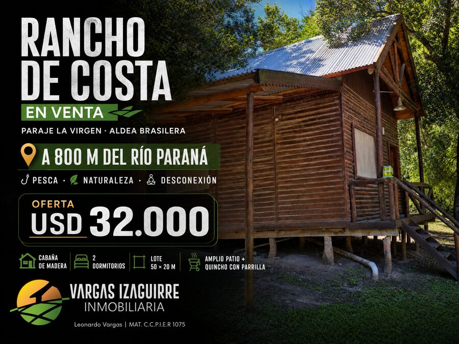 RANCHO DE COSTA en Venta en Aldea Brasilera: Oportunidad de OFERTA a USD 32.000 para PESCA y DESCONEXIÓN Cerca del Río