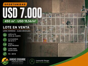 LOTE EN VENTA en Loma Hermosa (Aldea Brasilera): OPORTUNIDAD a USD 7.000, Lote ALTO con Vista al Campo