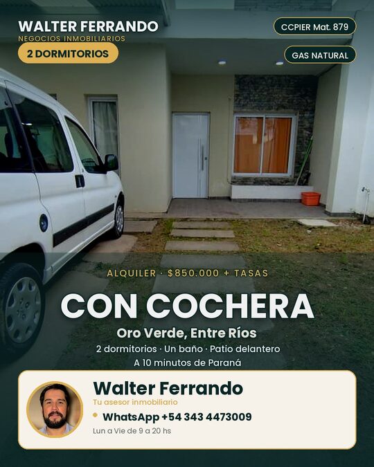 CASA ALQUILER DOR DORMITORIOS PATIO COCHERA ORO VERDE GAS NATURAL