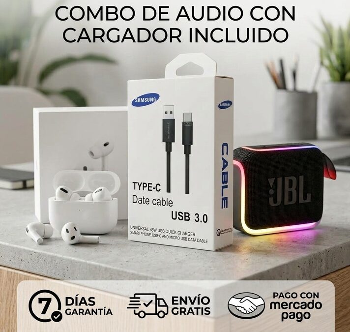 Combo de audio portátil, parlante inalámbrico, auriculares y cable USB-C