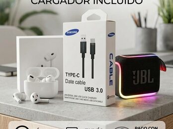 Combo de audio portátil, parlante inalámbrico, auriculares y cable USB-C