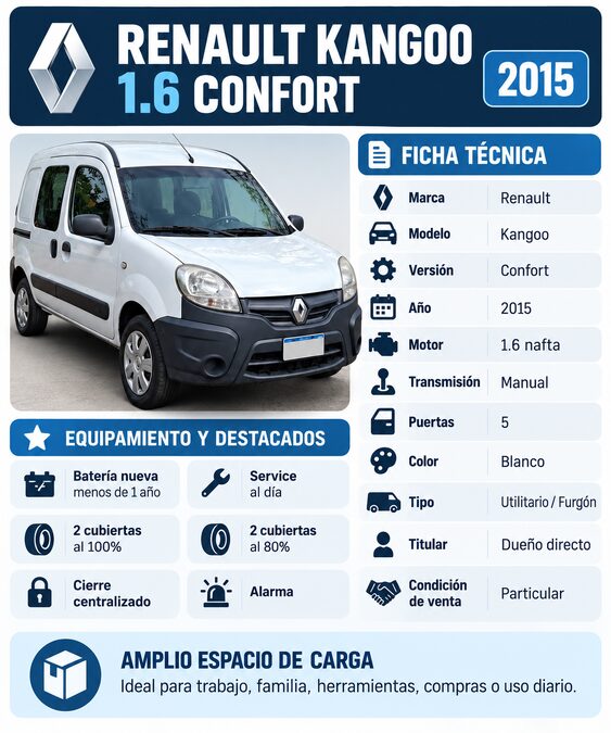 🚐 RENAULT KANGOO 1.6 CONFORT 2015 💰 DUEÑO DIRECTO – VENTA PARTICULAR