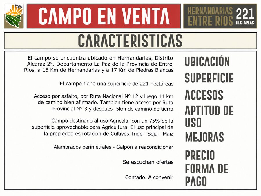 CAMPO AGRÍCOLA en Venta en Hernandarias (221 HA): 76% APROVECHABLE y Suelos MOLISOLES 🚜🌾