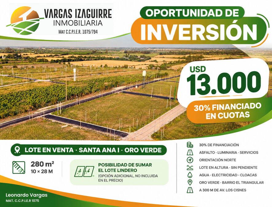 LOTES EN VENTA en Oro Verde: OPORTUNIDAD JUNTOS o INDIVIDUALES con 30% FINANCIADO en Santa Ana I 📈🏡