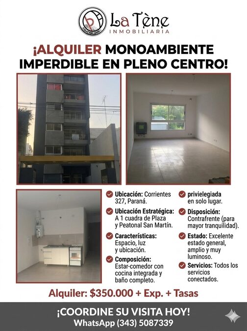 ¡ALQUILER MONOAMBIENTE IMPERDIBLE EN PLENO CENTRO!