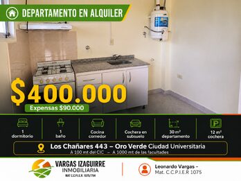 DEPARTAMENTO EN ALQUILER en Oro Verde: DISPONIBLE con COCHERA CUBIERTA a Pasos del Polo Universitario