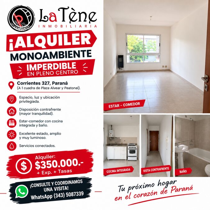 ¡ALQUILER MONOAMBIENTE IMPERDIBLE EN PLENO CENTRO!