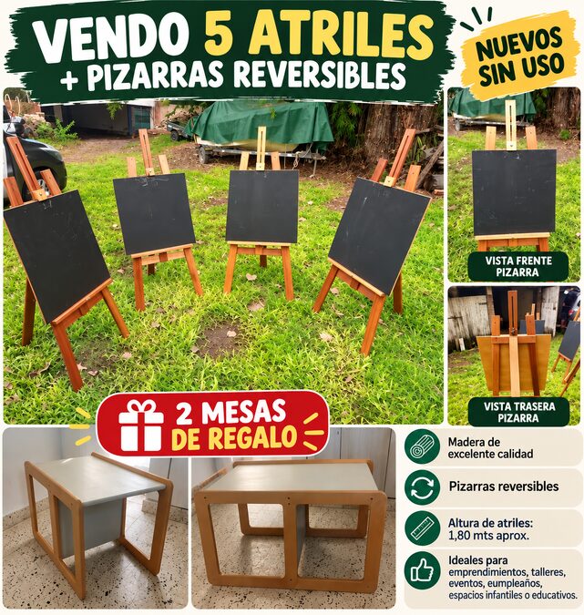 VENDO 5 ATRILES DE MADERA 1,8 MTS + PIZARRAS + MESAS DE REGALO