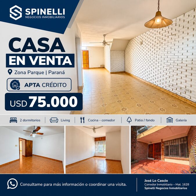 Casa en venta 2 dormitorios – Apta crédito – Zona Parque, Paraná