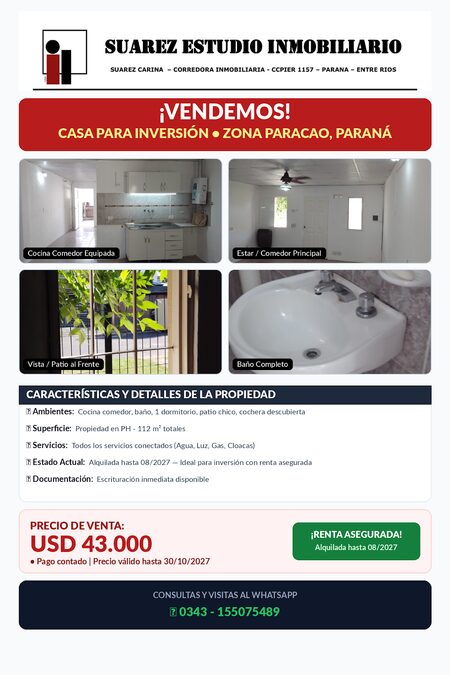 VENDO CASA DE 1 D. PARACAO, TODOS LOS SERVICIOS (PARA INVERSION)