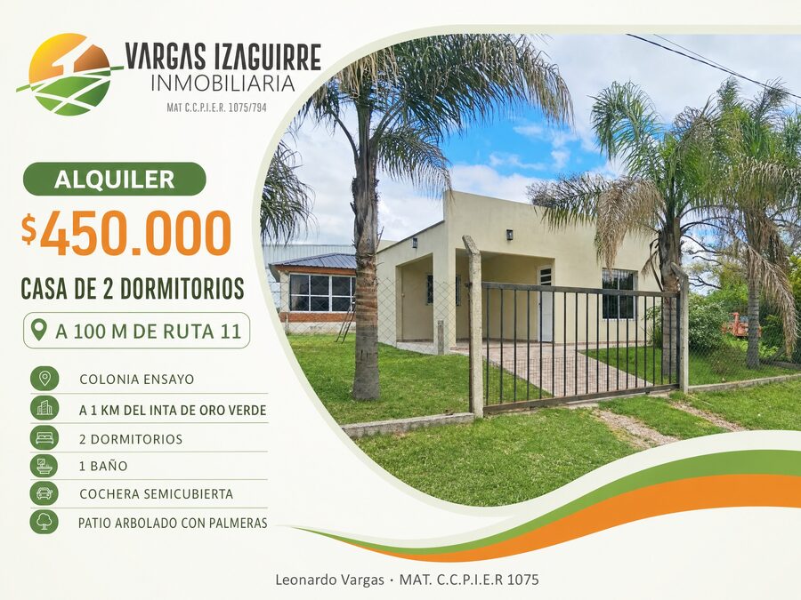 CASA EN ALQUILER en Colonia Ensayo: DISPONIBLE de 2 Dormitorios con PATIO y COCHERA a 100 Metros de Ruta 11